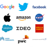 A grid of employer logos, including Google, Facebook, Uber, Apple, Amazon, Salesforce, PWC, NASA, Disney, and more.