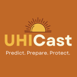 Logo for UHICast with a sun icon above the text. The text reads 'UHICast' in large font and 'Predict. Prepare. Protect.' in smaller font below. The logo features a warm, earthy brown background.