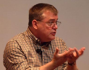 Fred Cate, a University of Indiana law professor, makes a point during the first of four panel discussions.