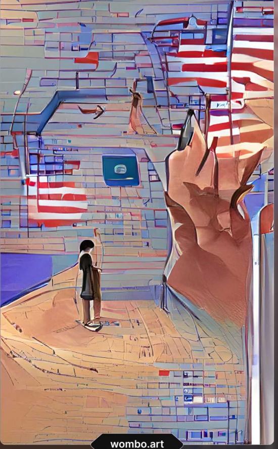 AI generated image with fragments of US flags floating amidst blurry tan and blue blocks. An outline of what appears to be a child in a dress standing at a podium. 